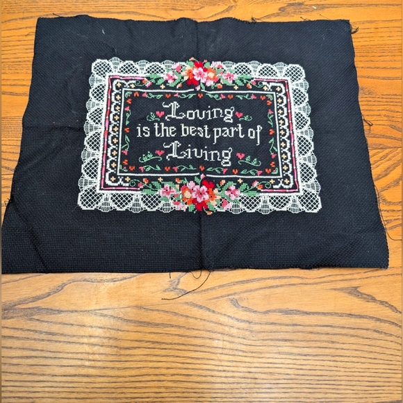 Handmade Cross stitch. Vintage. Has never been framed. Lace, Ribbon, floral. - Picture 1 of 6